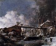 Philips Wouwerman Winter Landscape with Wooden Bridge oil painting